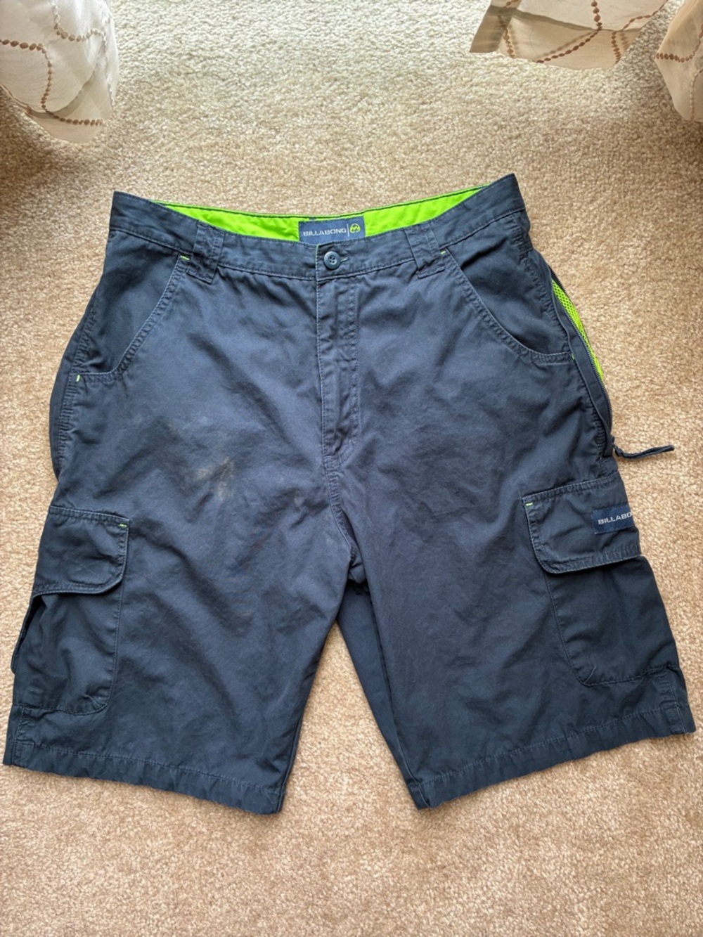Y2K Billabong Navy Blue Cargo Shorts with Lime Trim